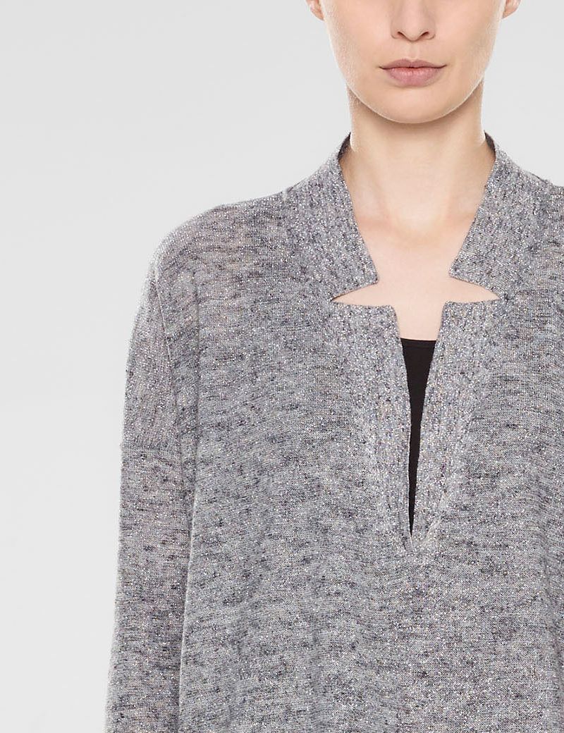 Sarah Pacini Large sweater with 3/4 sleeves with deep v neckline and shirt collar