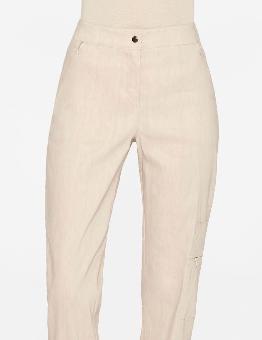 Khaki linen pants with pleated ankle by Sarah Pacini