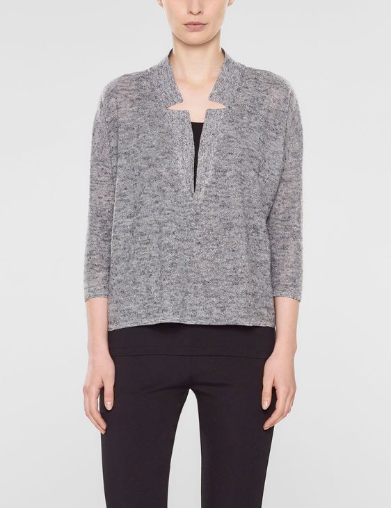 Sarah Pacini Large sweater with 3/4 sleeves with deep v neckline and shirt collar