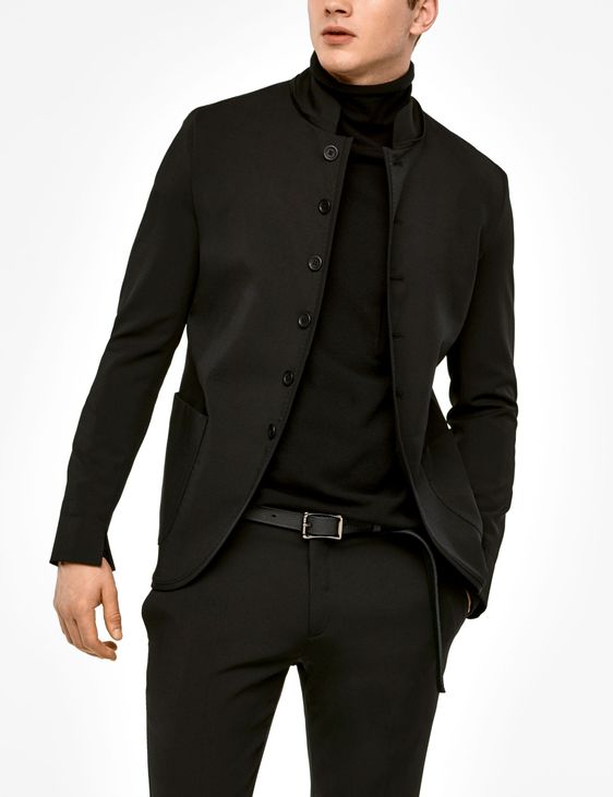 Black wool gabardine jacket - mandarin collar by Sarah Pacini